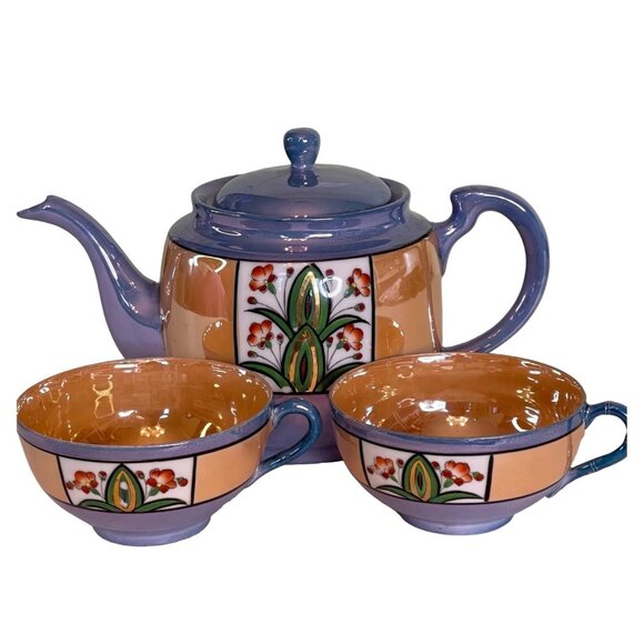 Vintage Lusterware Teapot and Tea Cups Hand Painted in Japan - Picture 1 of 15